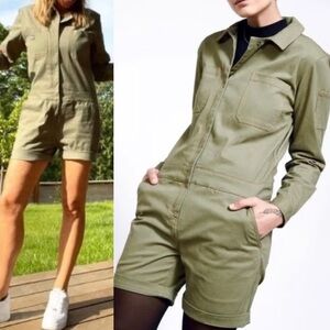 Wildfang Essential Long Sleeve Utility Romper Jumpsuit Army Olive Green Cotton